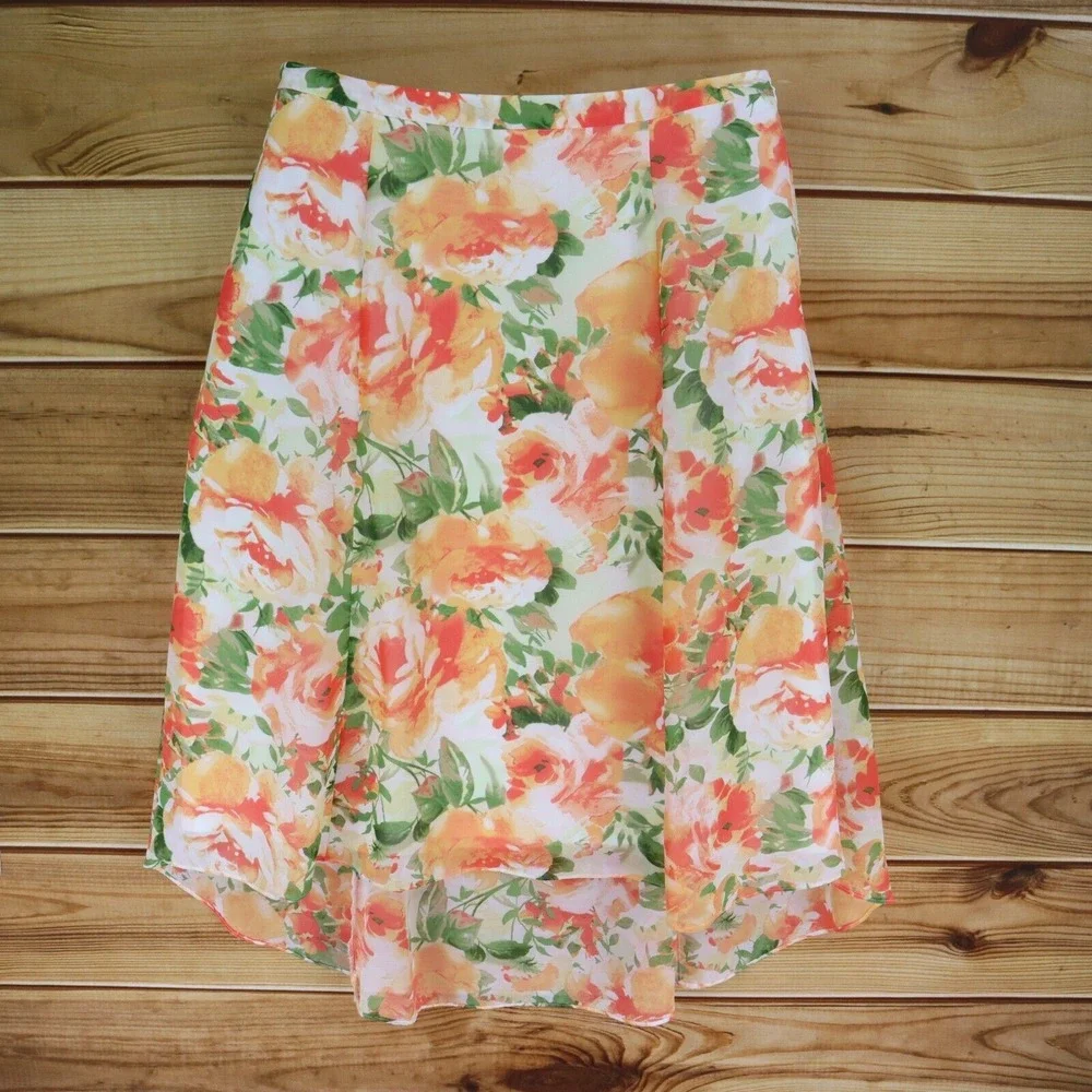 Cato Hi-Low Skirt Lined Womens Size 16 White Orange Green Floral Polyester‎ Zip